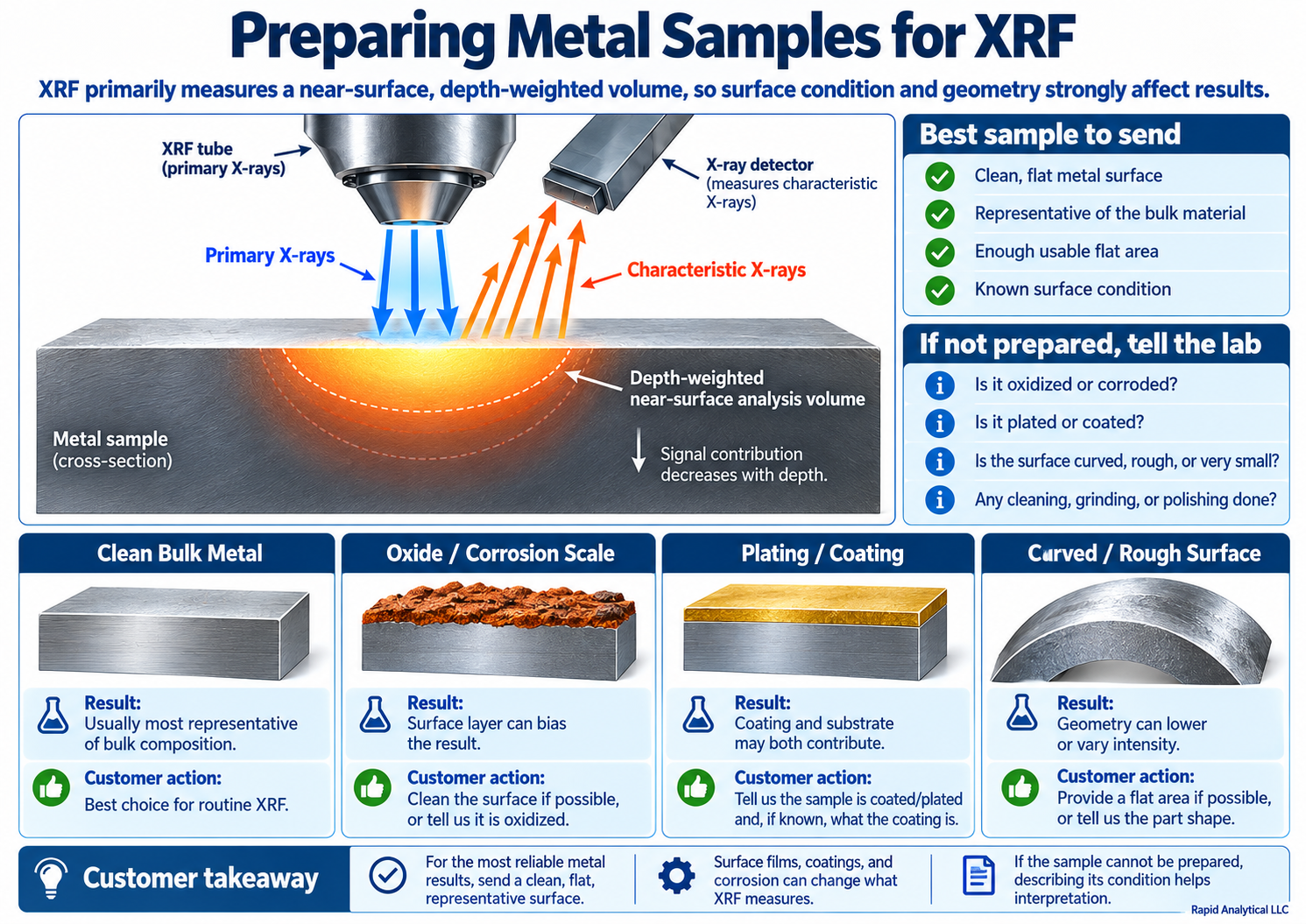 Infographic explaining near-surface XRF analysis of metal samples, including clean bulk metal, oxide or corrosion scale, plating or coatings, curved or rough surfaces, and recommended sample preparation