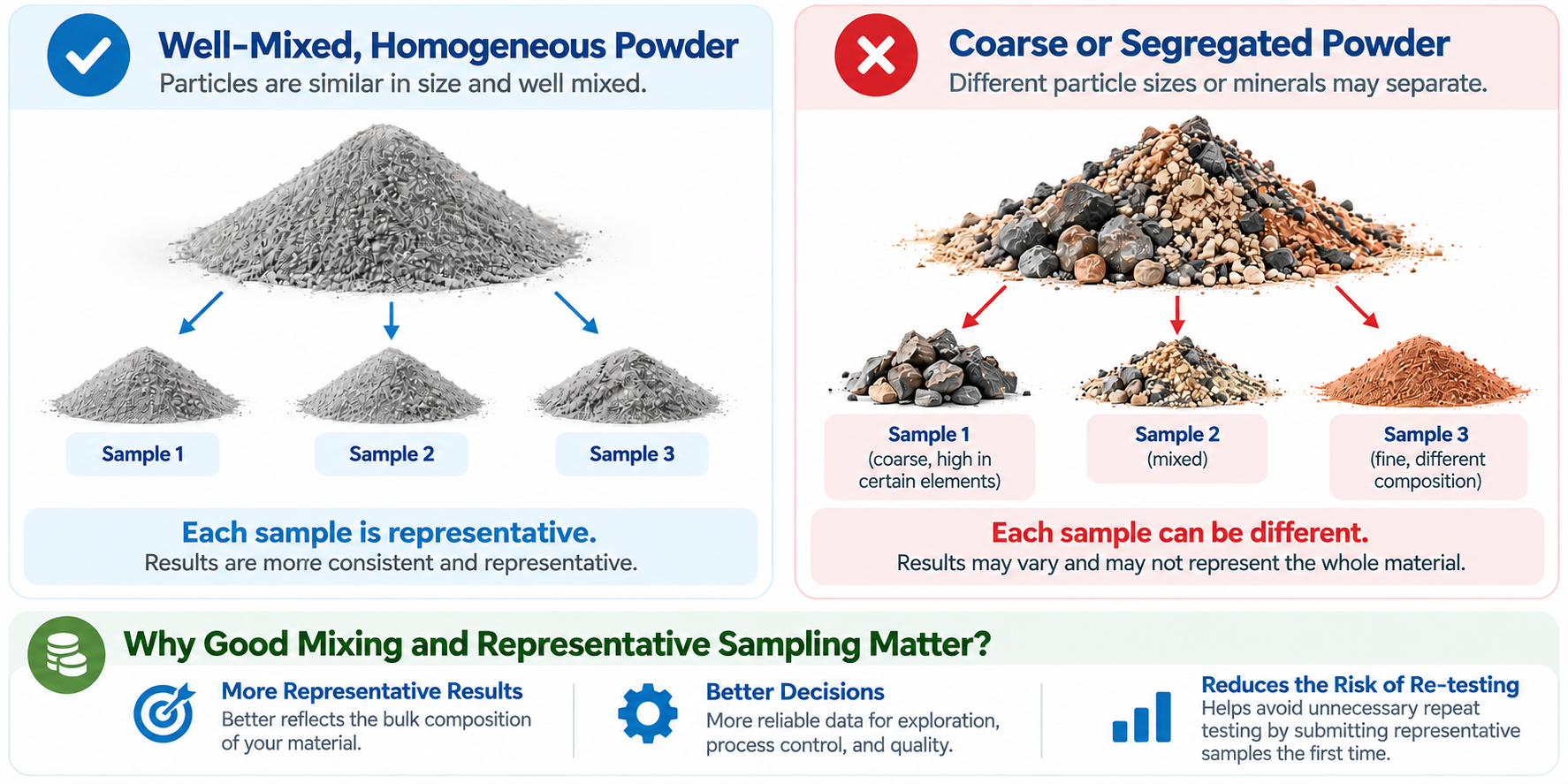Infographic comparing well-mixed homogeneous powder with coarse or segregated powder and showing how representative sampling affects consistency and XRF result quality